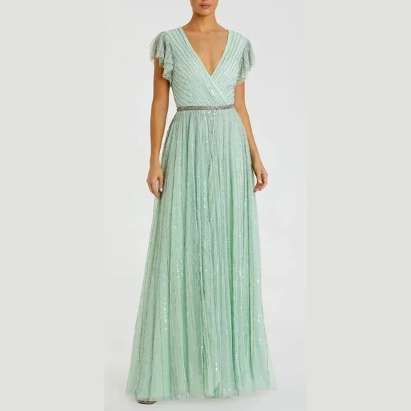 Mac Duggal 5502 Size 16 Light Green Sequined Ruffled Cap Sleeve Gown Maxi Dress - Picture 2 of 4